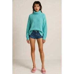 Free People Slouchy Aqua Knit Turtleneck Sweater XS